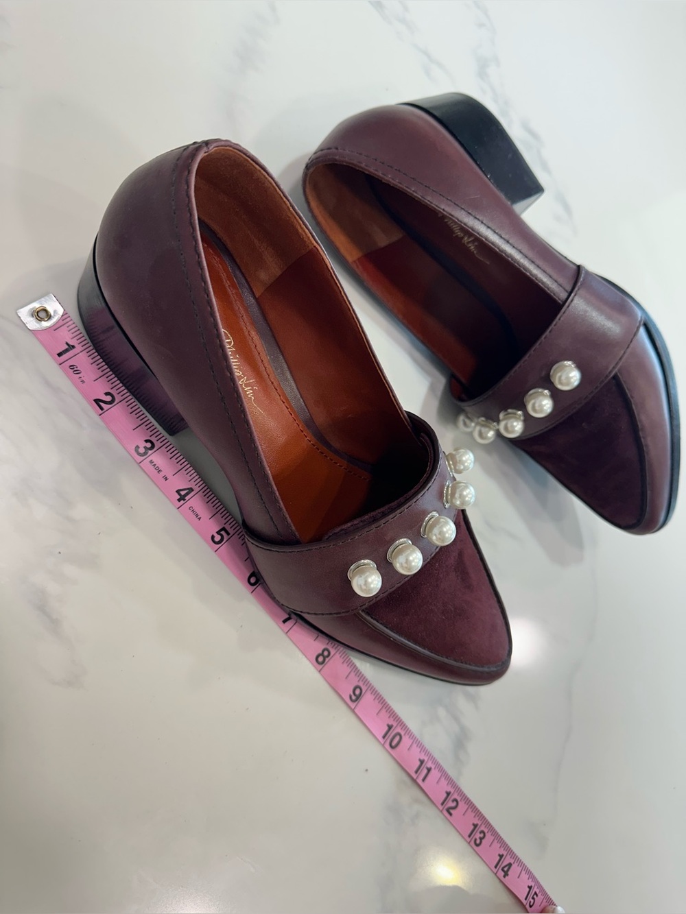 3.1 PHILLIP LIM WINN LOAFERS MALBEC MAROON LEATHER & PEARL ACCENTS W/SUEDE TOP 9 - Picture 8 of 16